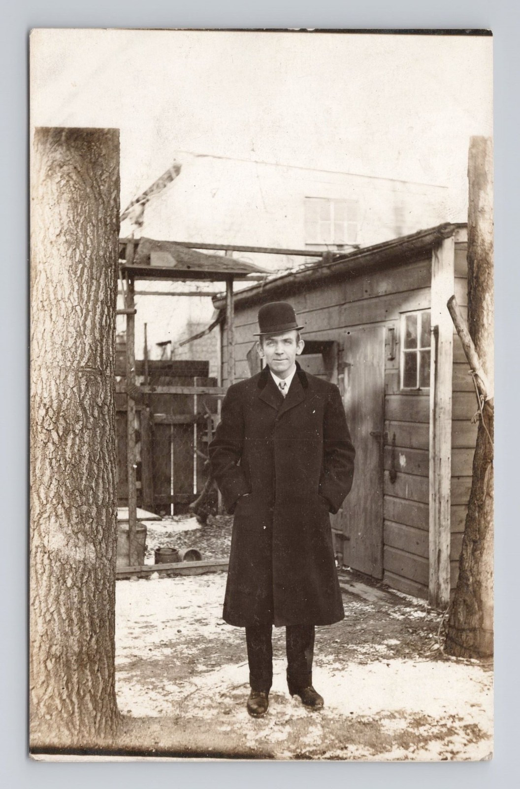 Antique RPPC c. Early 1900s Dapper Man Bowler Hat Long Winter Overcoat Snow Antique RPPC c. Early 1900s Dapper Man Bowler Hat Long Winter Overcoat Snow