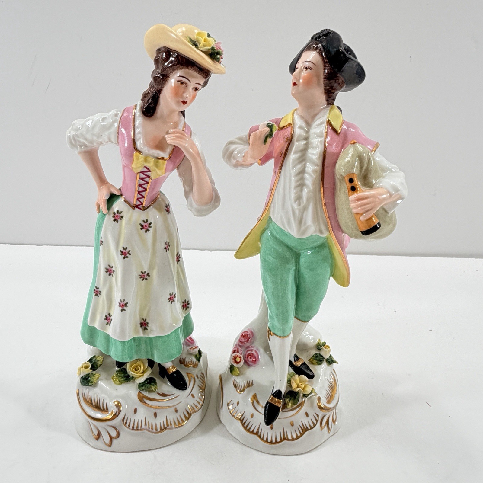 Antique 1920-40s Pair Vista Alegre Porcelain Figurine Dancing Woman Man AS IS