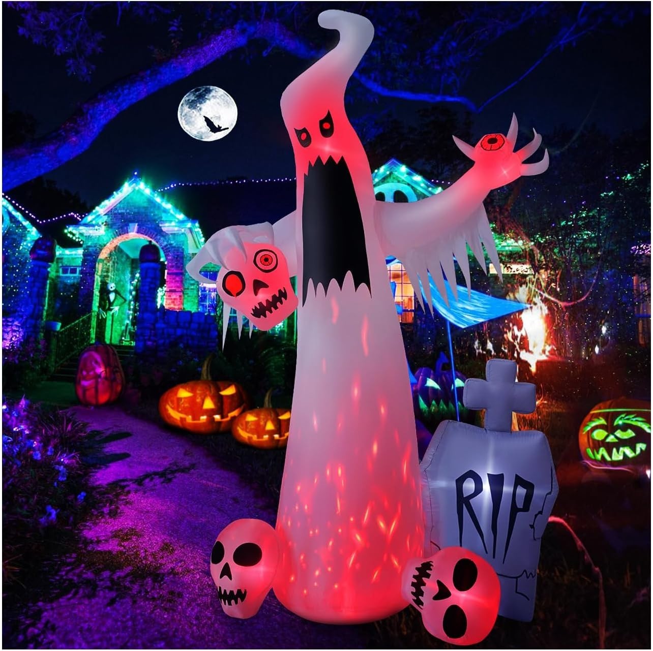 Elevate Your Halloween: 12 FT Inflatable Ghost with 3 Skulls & Bright LED Lights