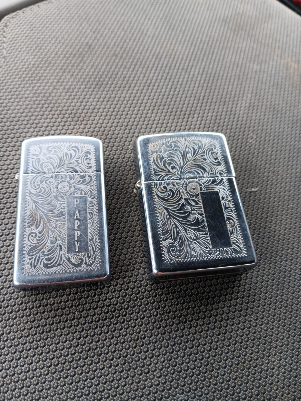 Vintage *PAPPY* Zippo Lighter. Pair of Venetian Swirl. Slim 1979 Standard 1996. 