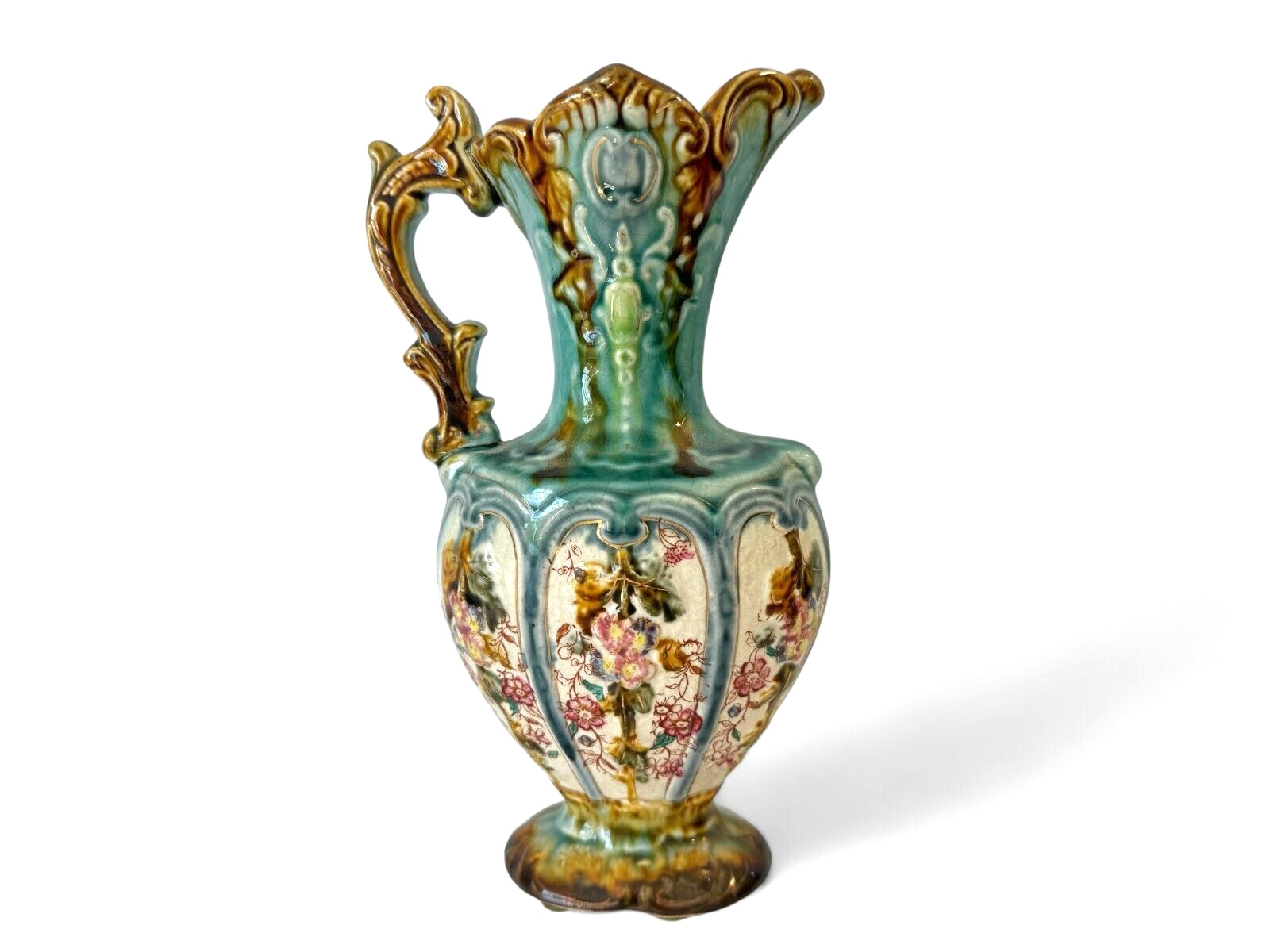 Antique Staffordshire Alhambrian Pottery Majolica Floral Pitcher Antique Staffordshire Alhambrian Pottery Majolica Floral Pitcher