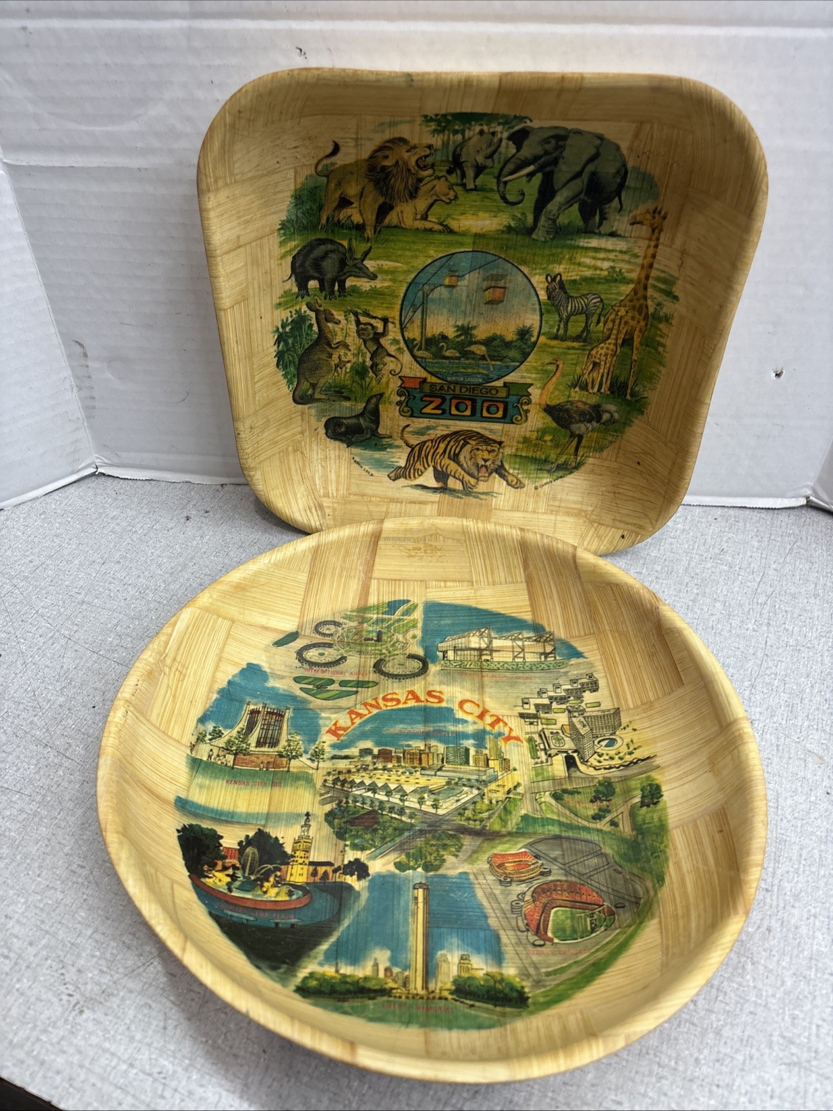 Vintage Woven Bamboo Souvenir Bowls Lot San Diego Zoo Kansas City Retro 1970s Vintage Woven Bamboo Souvenir Bowls Lot San Diego Zoo Kansas City Retro 1970s