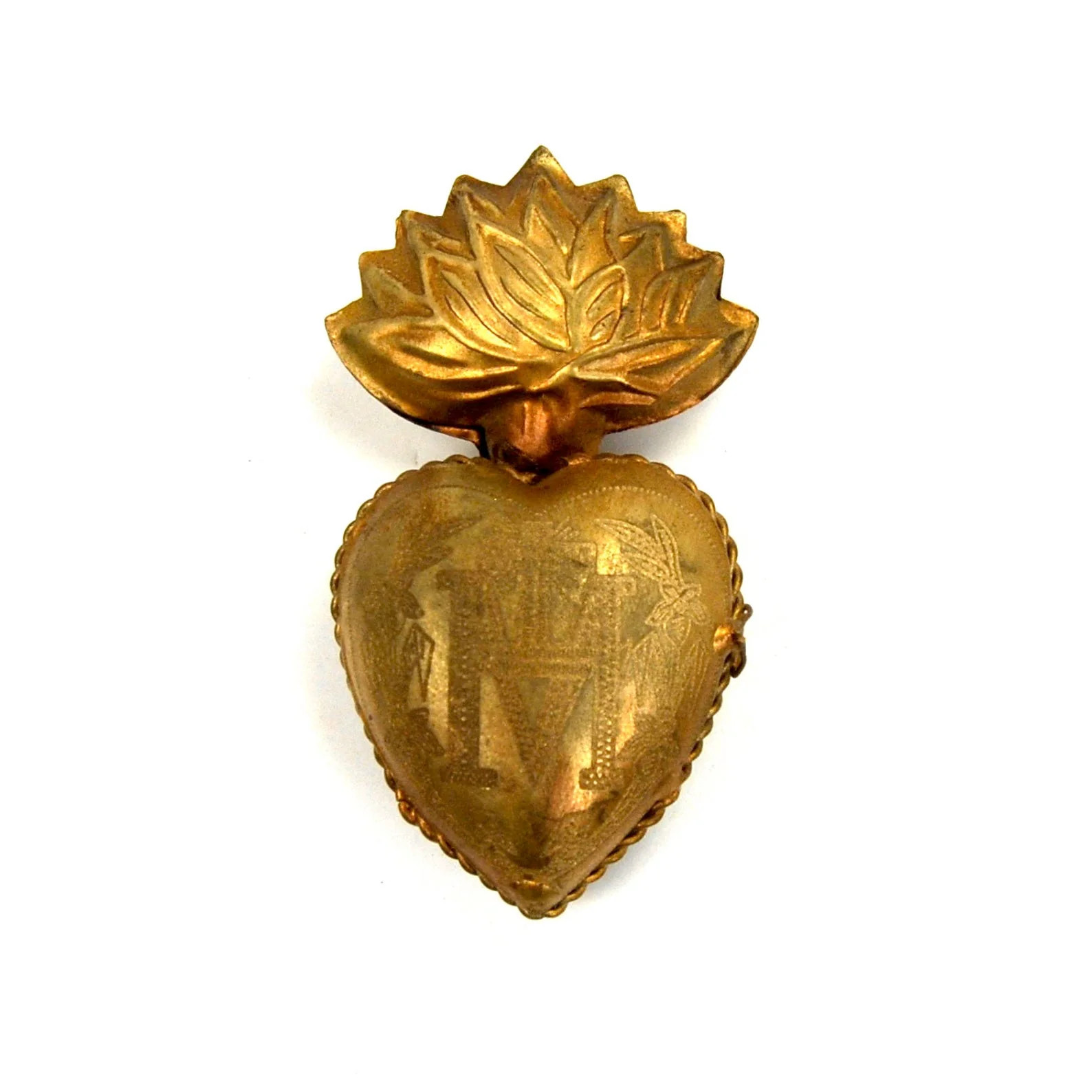 3.25in Sacred Heart Ex Voto Locket Ornament, Antiqued Gold Milagro 3.25in Sacred Heart Ex Voto Locket Ornament, Antiqued Gold Milagro
