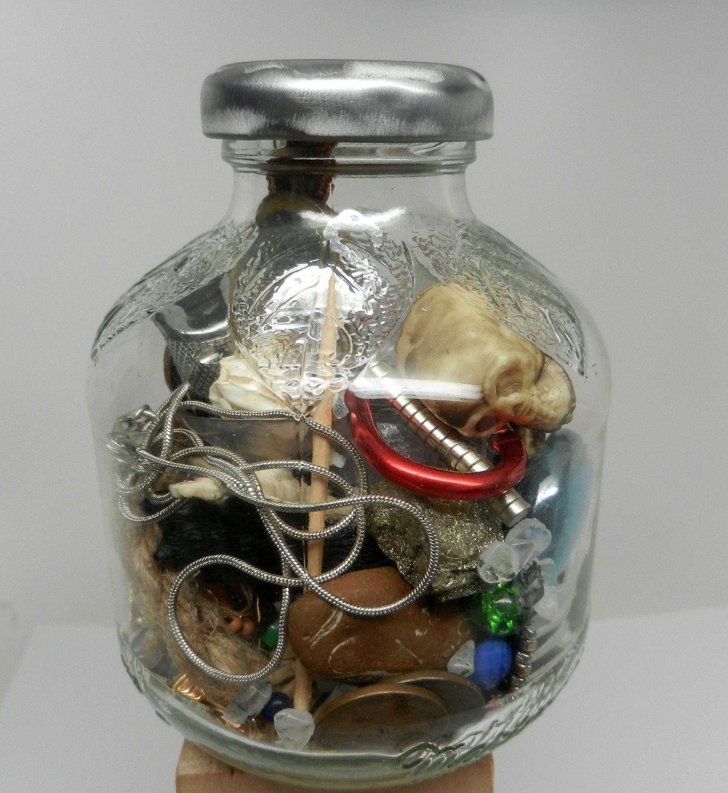 Magpie Mystery Crow Glass Jar Found Object Trinkets, Treasures, Nature Oddities 