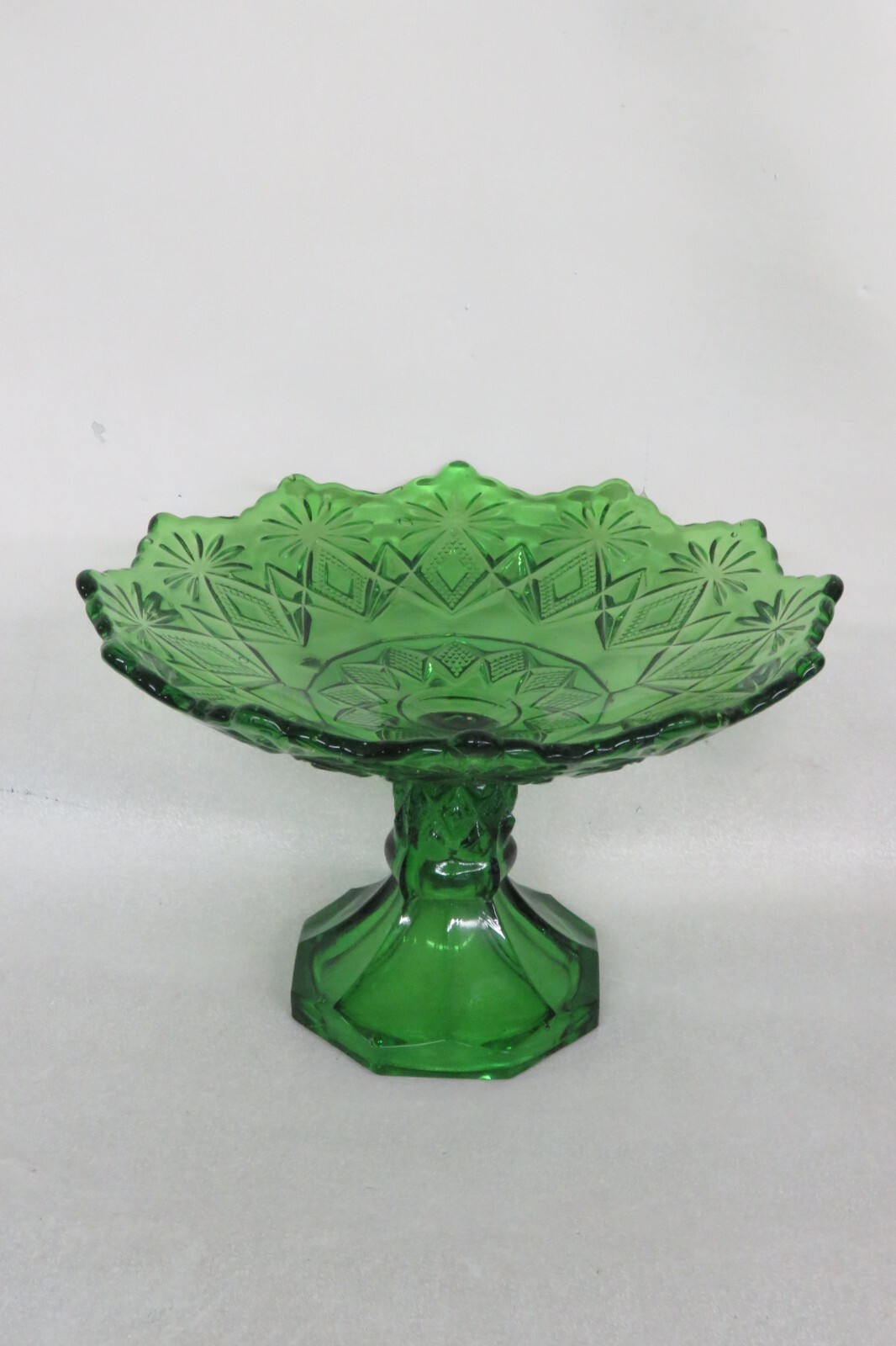 US Glass Co Green Footed Pedestal Candy Compote Dish Diamond Pattern 4173B
