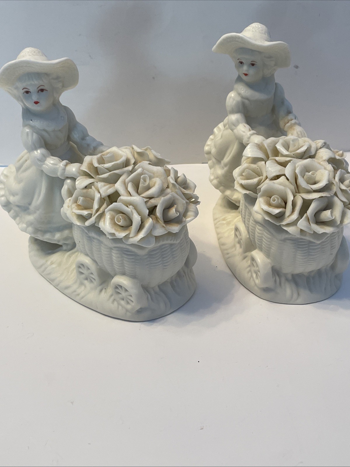 VTG Glazed Porcelain Girls with Carts Full W/Roses Ivory Figurines (2) EUC