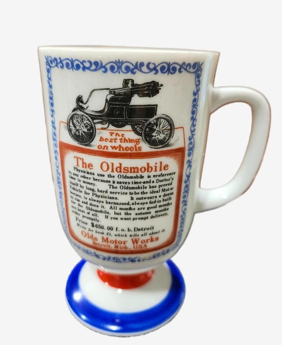 Vintage Oldsmobile 1903 Car Advertising Pedestal Mug Blue Base Automobilia Rare Vintage Oldsmobile 1903 Car Advertising Pedestal Mug Blue Base Automobilia Rare