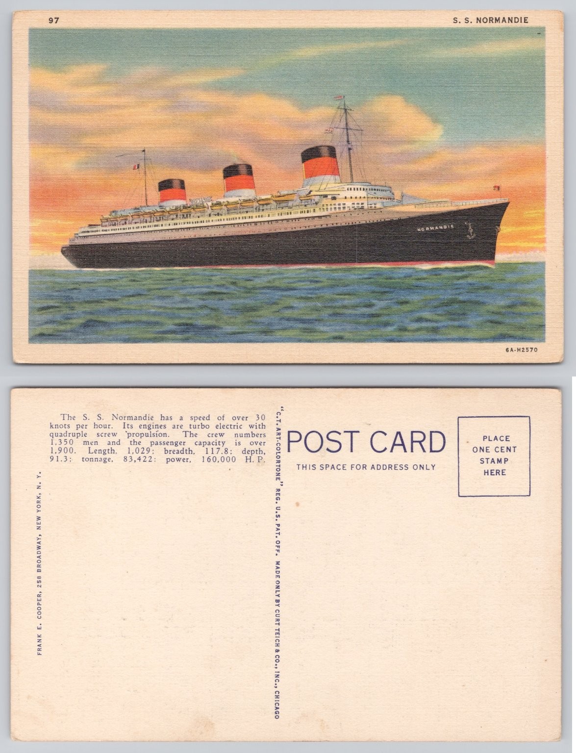 S.S. Normandie Ocean Liner Curt Teich Linen Postcard 1936