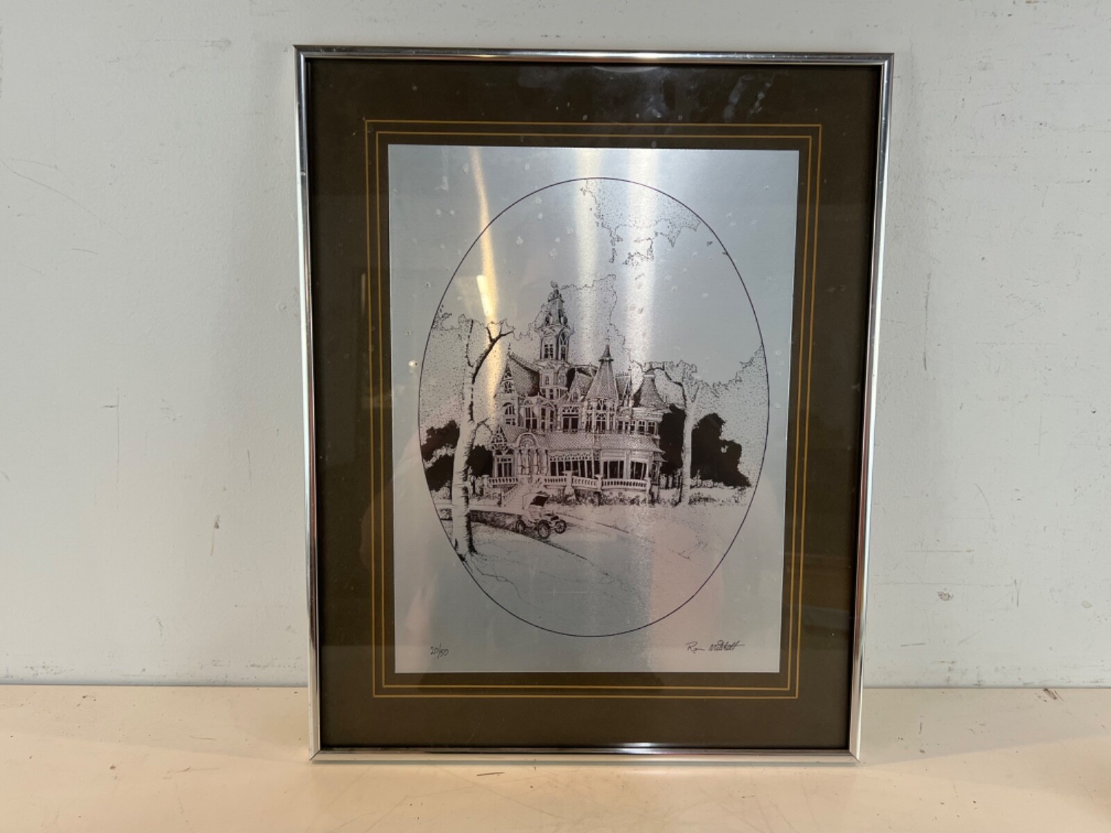 Vintage Etched Pewter Cottage Building Framed Signed Ron Mitchell