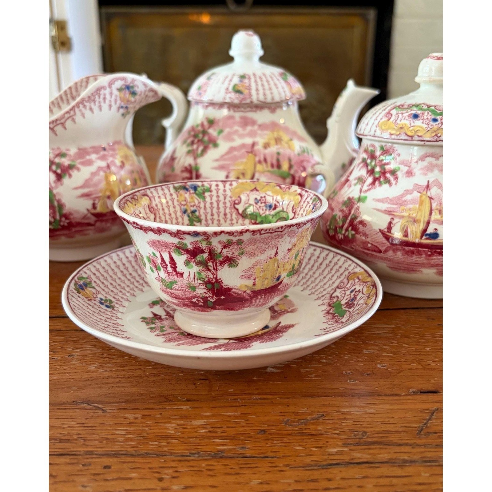 Petrus Regout Fancy Tea Set Pink Chinoiserie Cups Teapot Sugar Creamer Holland