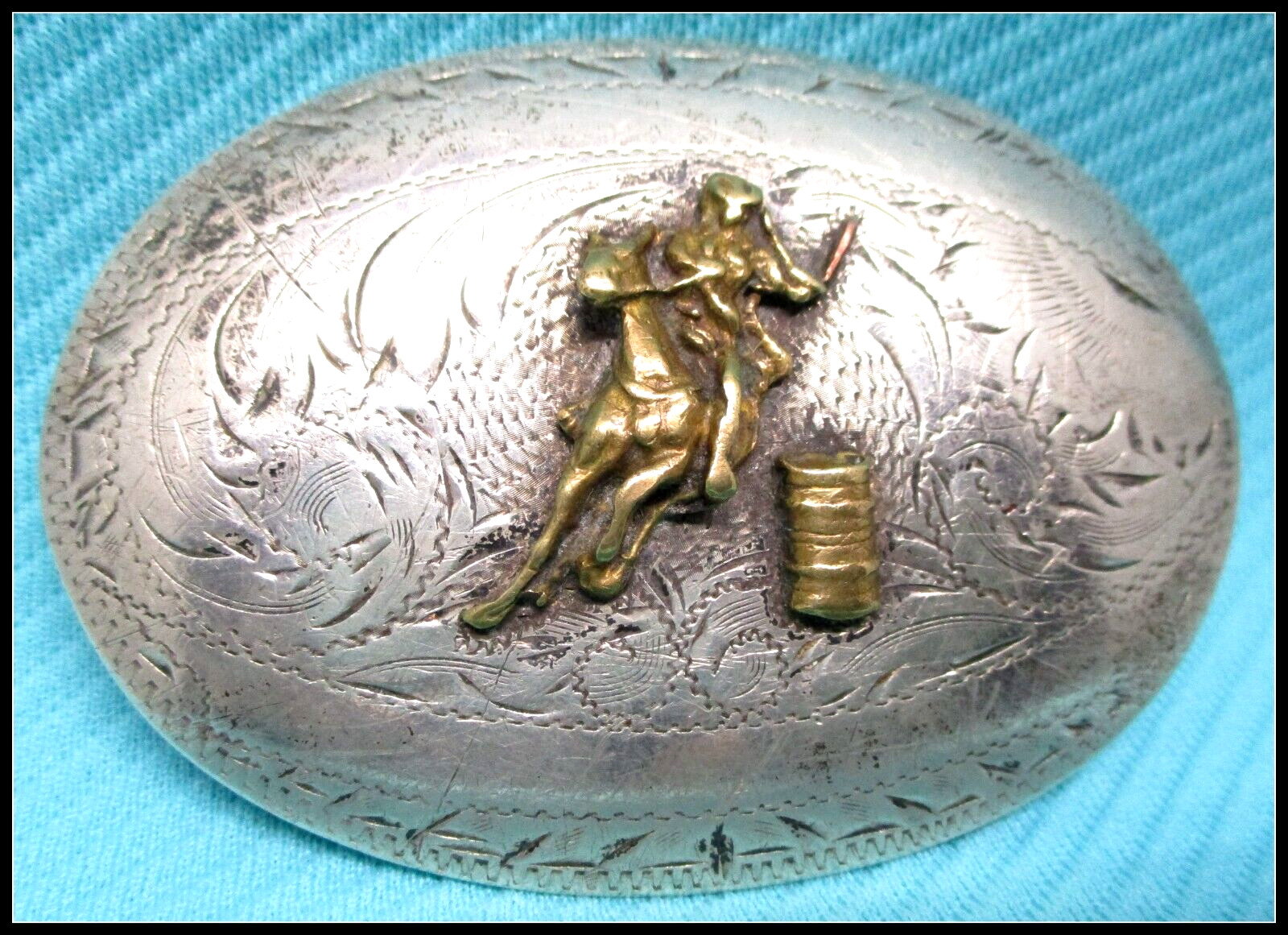 1970\'s SOLID STERLING SILVER Front TEX TAN Barrel Racing Rodeo Belt Buckle