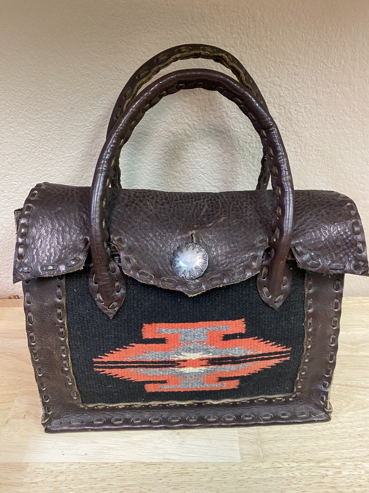 Vintage Beautiful Leather Laced Woven Navajo Silver Tooled Button Handbag Purse Vintage Beautiful Leather Laced Woven Navajo Silver Tooled Button Handbag Purse