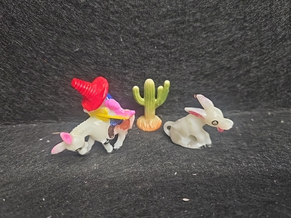 Vintage Mini Mexican Man on Donkey,Braying Donkey, Cactus Hong Kong Hard Plastic