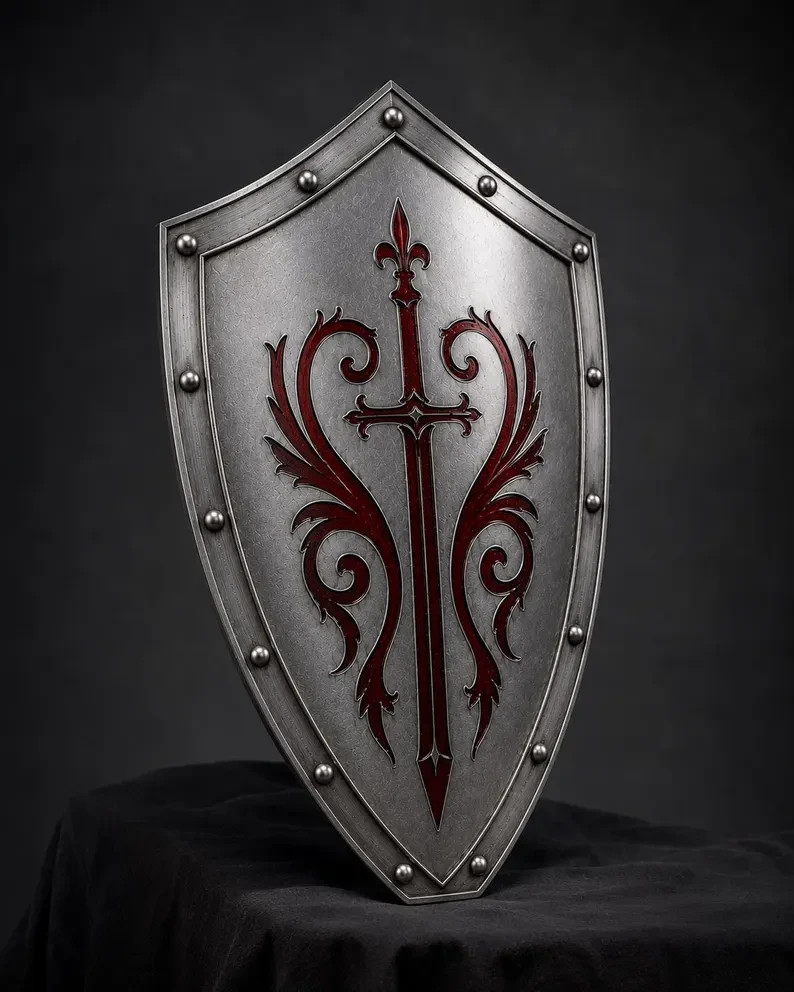 Gothic Silver Knight Shield Medieval Heraldic Armor Wall Decor LARP Prop Gift