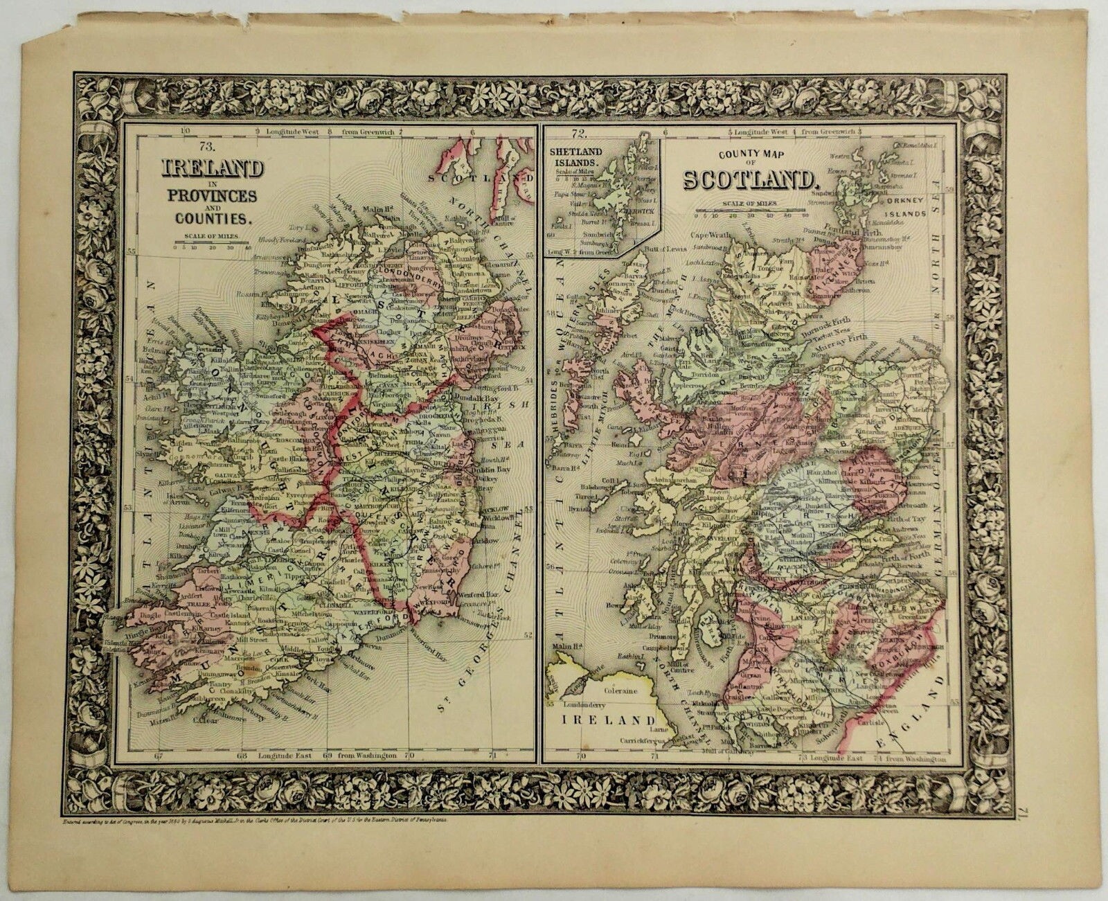1860 Mitchell\'s Huge Hand Tinted Map SCOTLAND & IRELAND Counties Provinces 1860 Mitchell\'s Huge Hand Tinted Map SCOTLAND & IRELAND Counties Provinces