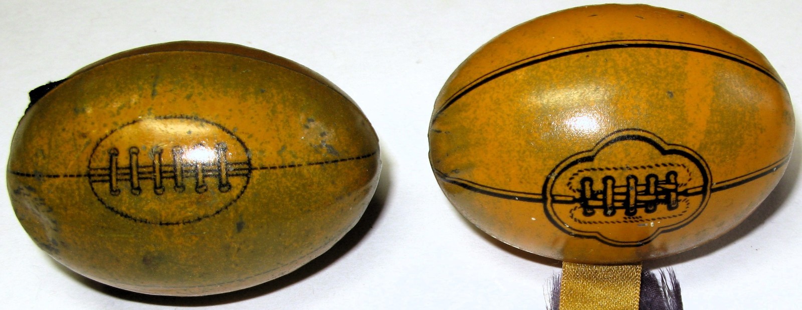 Pair Vintage, Antique 1920s/30s Tin Litho Footballs Candy Tins  2 1/4