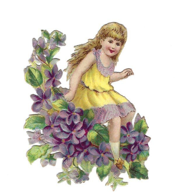 1888 Chromo decoupis, Victorian Flower Fairy PURPLE, Antique Die-Cut Scrap, 2.5\