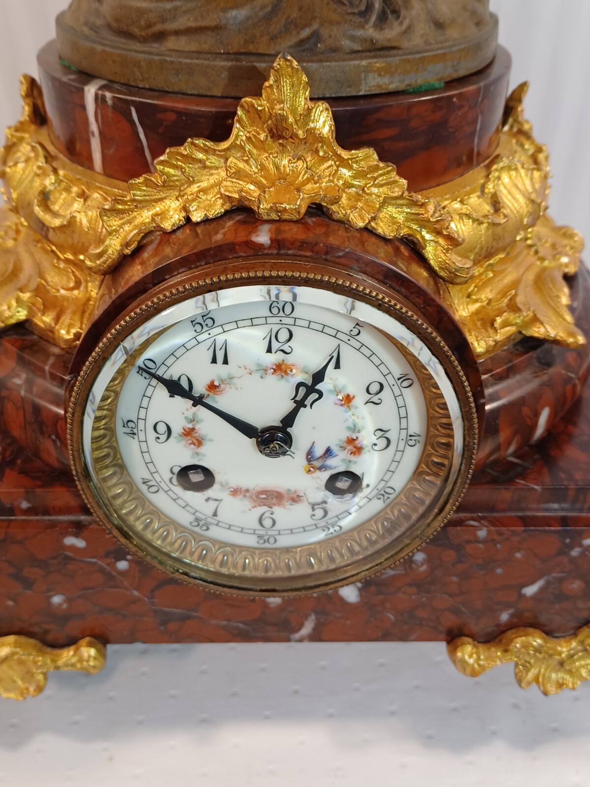 Antique FRENCH Victorian MARBLE CLOCK by MOUGIN w/ Statue: 1880 RUN/CHIME $SALE$