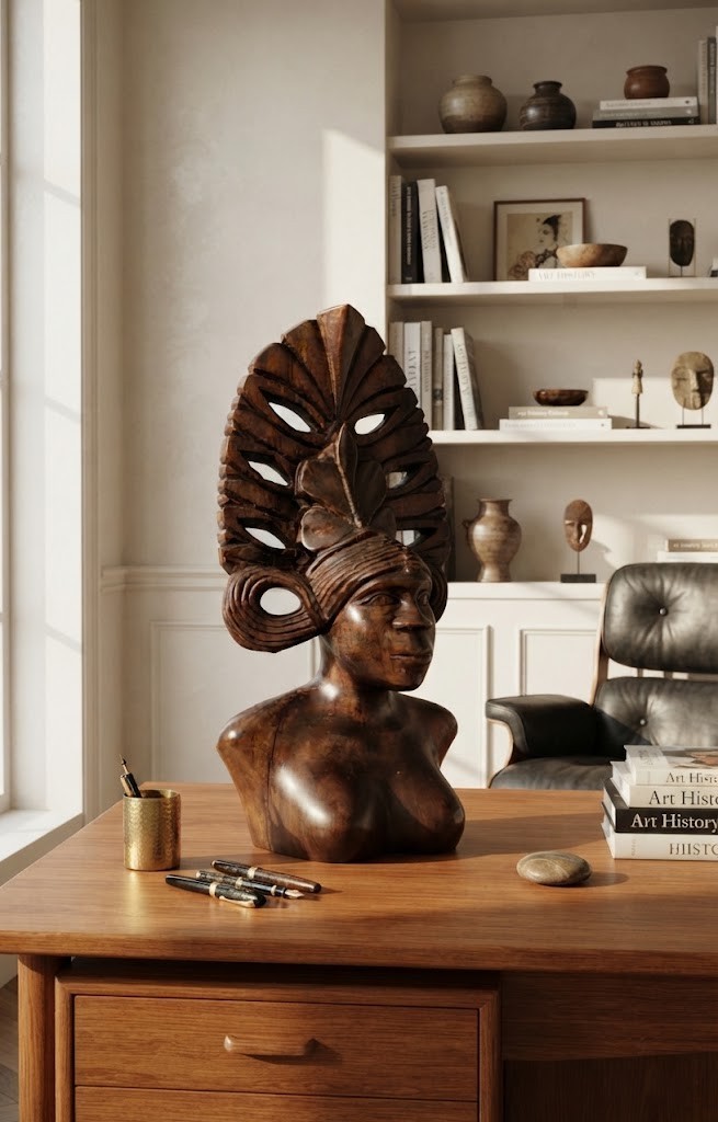 Vinatge Woman Hand-Carved Wooden Sculpture Bust (Balinese Indonesian Style)