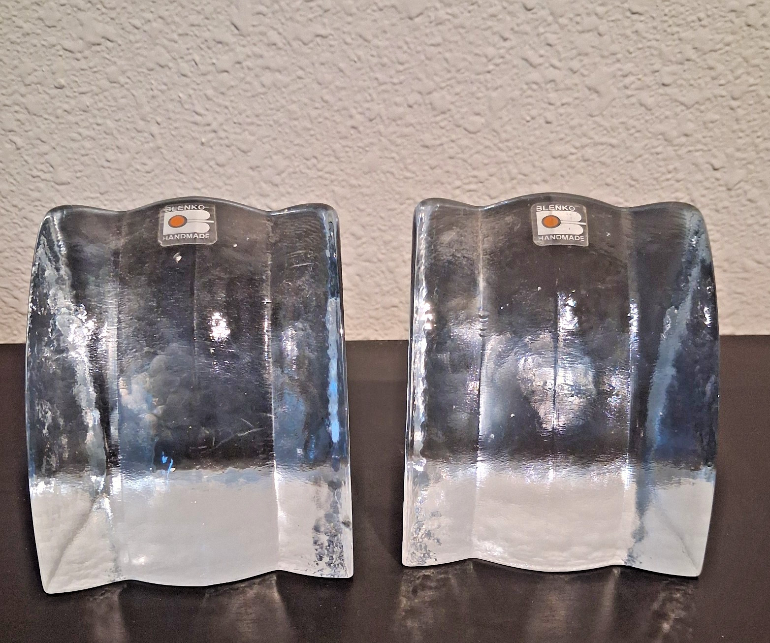 Blenko Glass Waterfall Ice Block Bookends Handmade Architectural Waves Set of 2 Blenko Glass Waterfall Ice Block Bookends Handmade Architectural Waves Set of 2