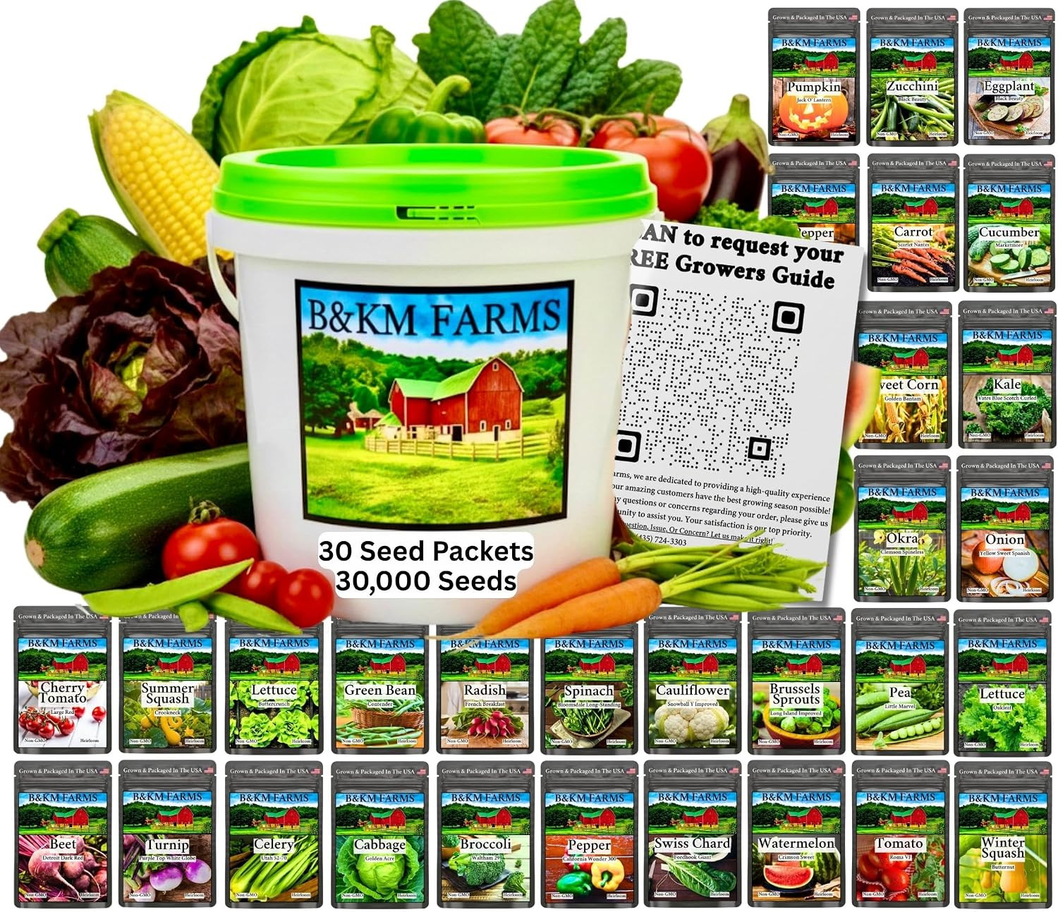 B&KM Farms 30,000+ Non-Gmo Heirloom Seed Kit-30 Fruit & Vegetable Variety
