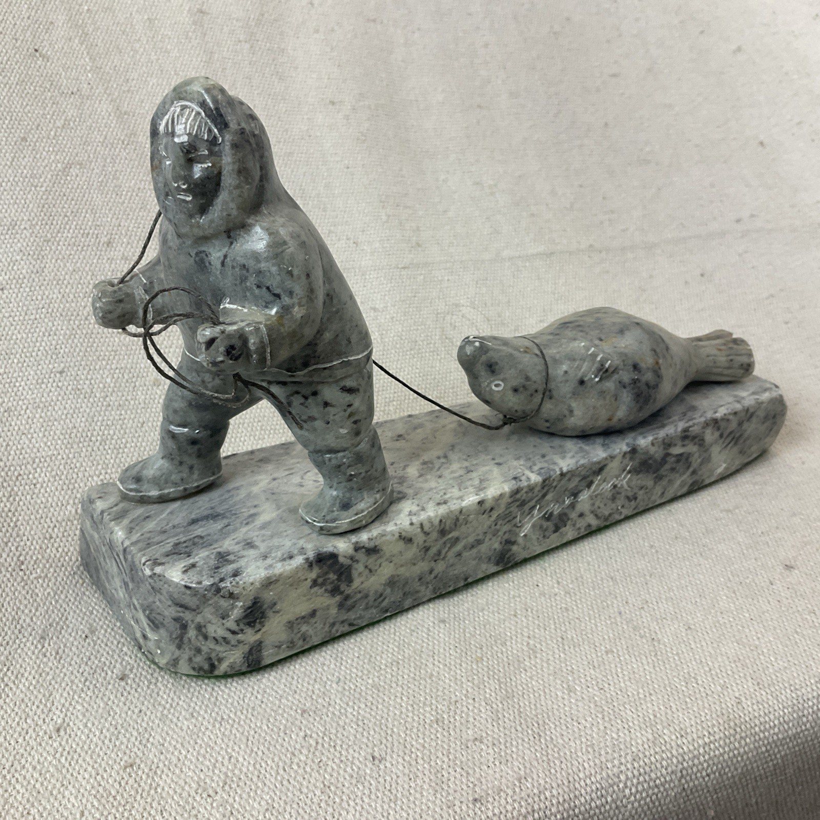Vintage Canadian Eskimo Inuit Carved Stone with Seal  Signed 7.5\
