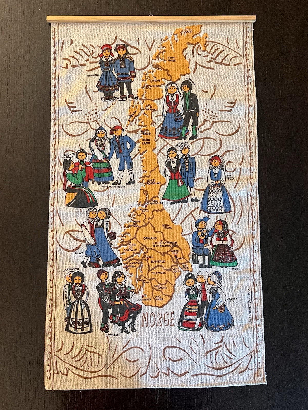 Vintage Norwegian Linen Wall Hanging Norway Bunad Map Inger Landsem Danielsen