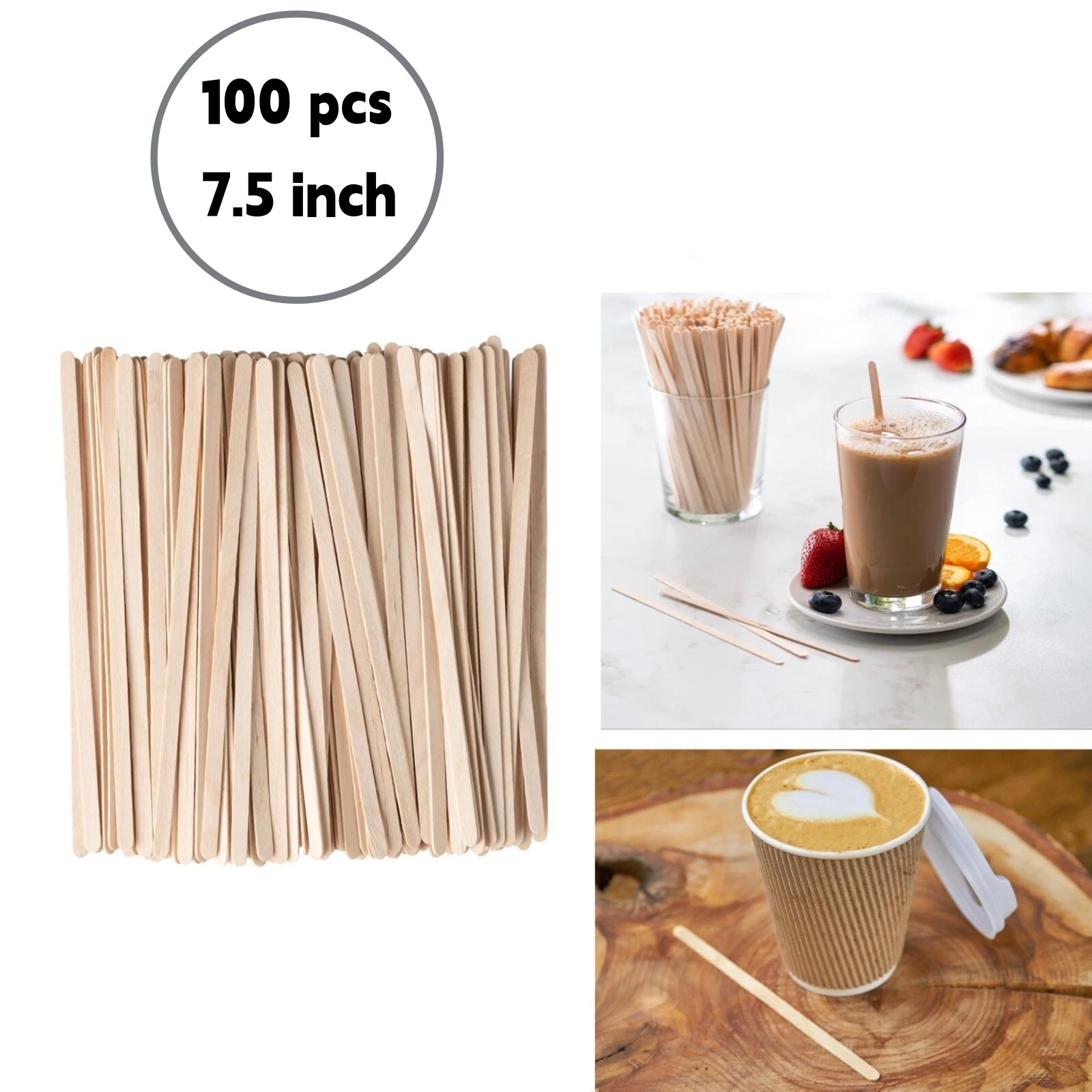 100 pcs Wooden Coffee Stirrers Disposable Wood Coffee/Beverage Sticks 7.5\ 100 pcs Wooden Coffee Stirrers Disposable Wood Coffee/Beverage Sticks 7.5\
