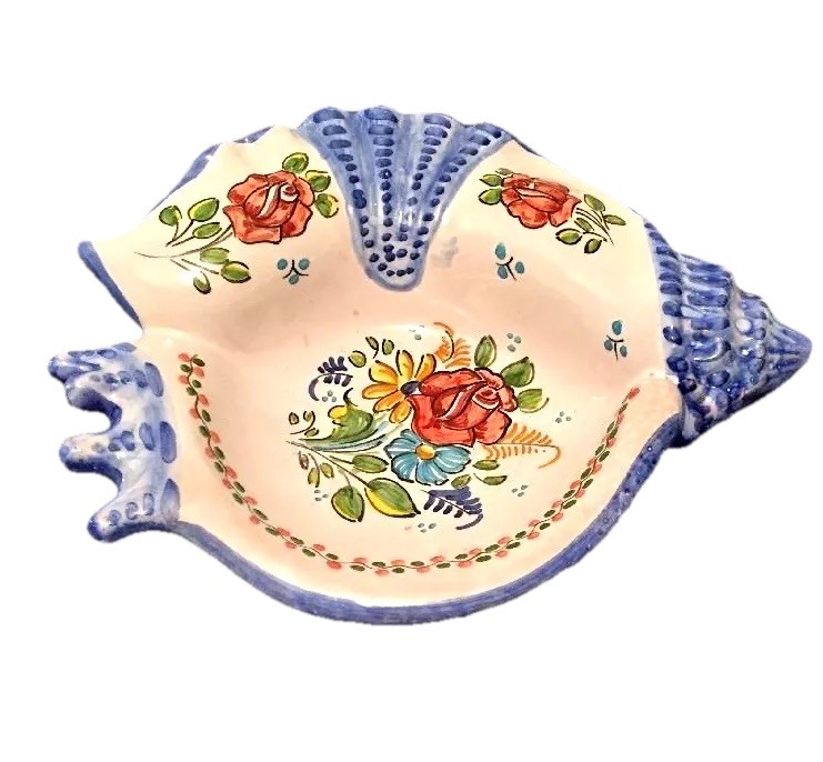 Porcelain Sevilla Spain Flora Sea Shell Conch Dish 7.5” Vtg Hand Painted Ceramic