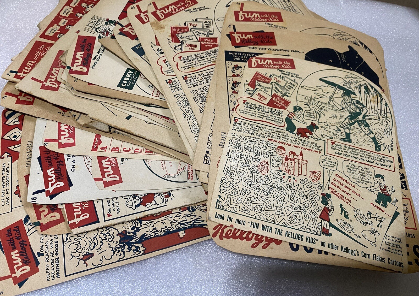 Over 40 Vtg 1940’s Fun With Kellogg Kids Puzzle Games Fun  Corn Flakes Cereal