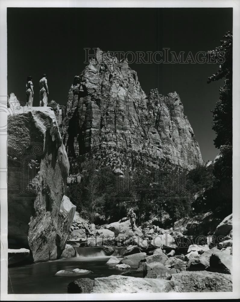 1957 Press Photo Three Patriarchs watch Virgin River in Zion National Park