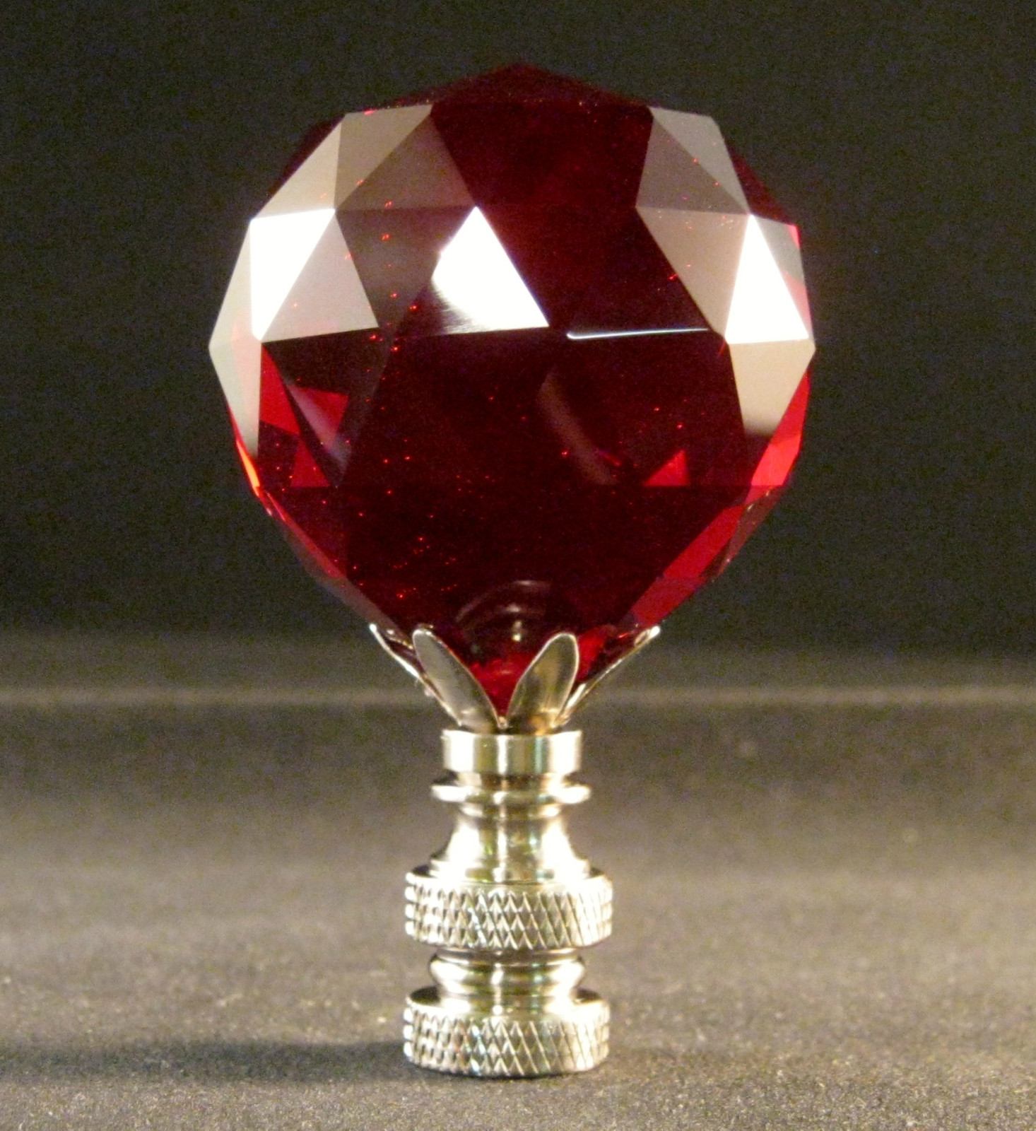 LAMP FINIAL-RED LEADED CRYSTAL LAMP FINIAL-SATIN NICKEL FINISH