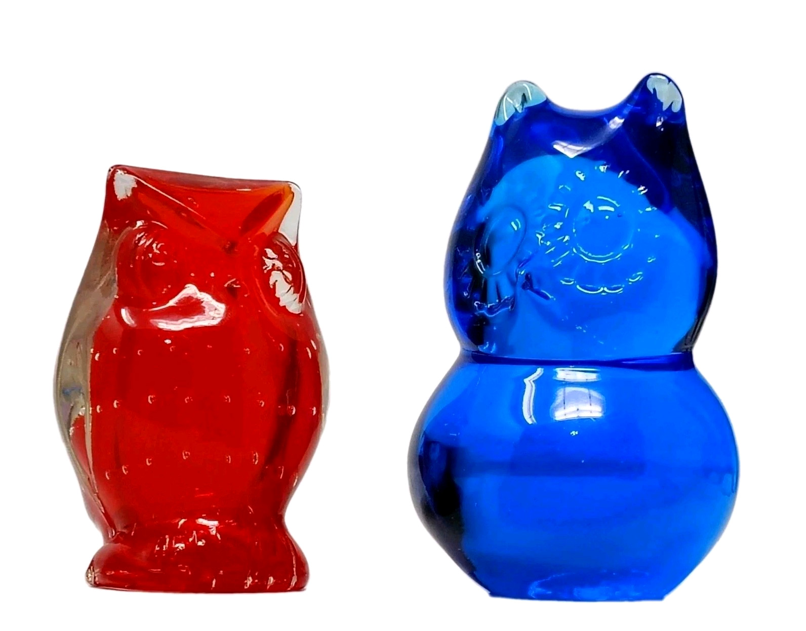 VTG Art Glass Owl Figurine Paperweight Handmade Set Red Blue Owl Swedish Lefton