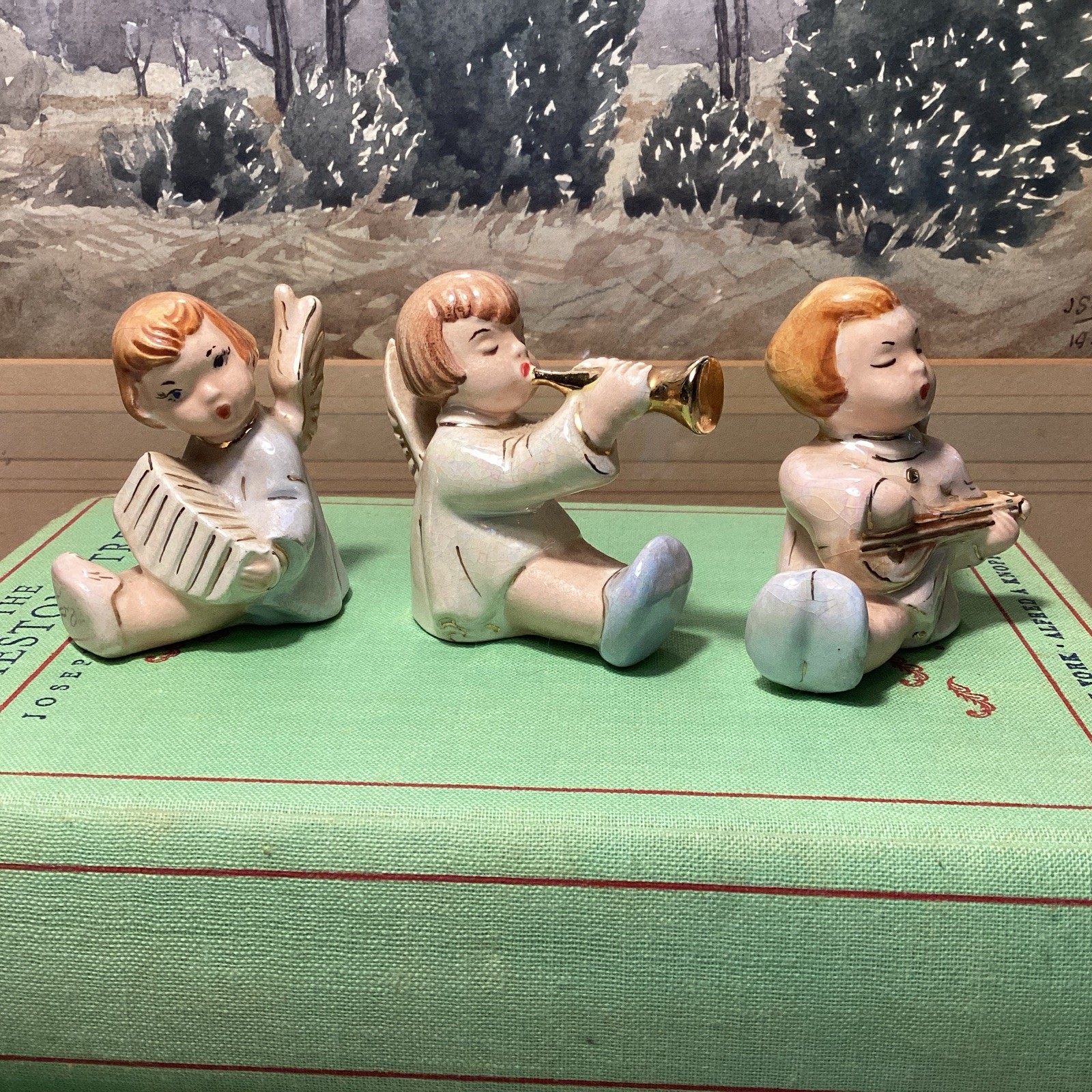Vintage Figurines Christmas Angel Holiday Ceramic 3 w/ Gold Tone Music Themed
