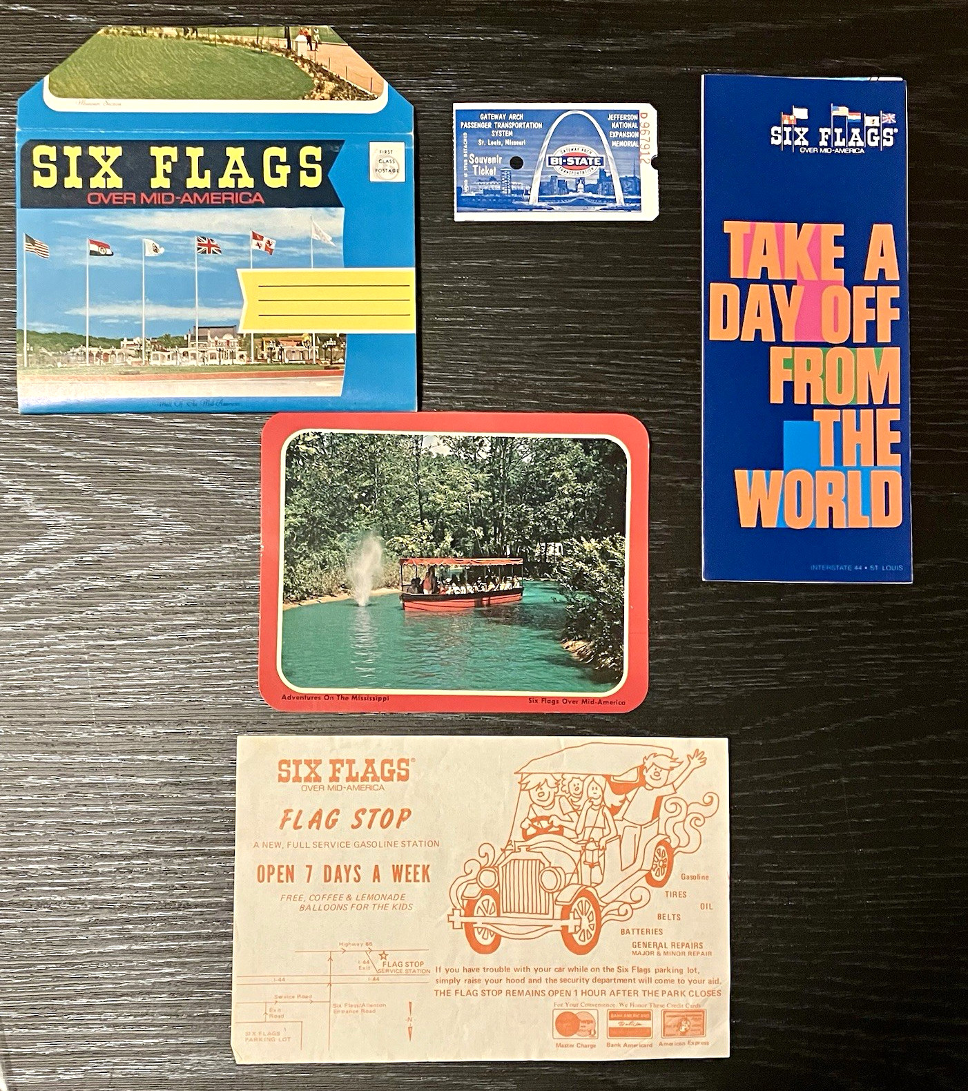 Six Flags Over Mid-America 1972 Season Brochure + Souvenir Ticket + Postcard