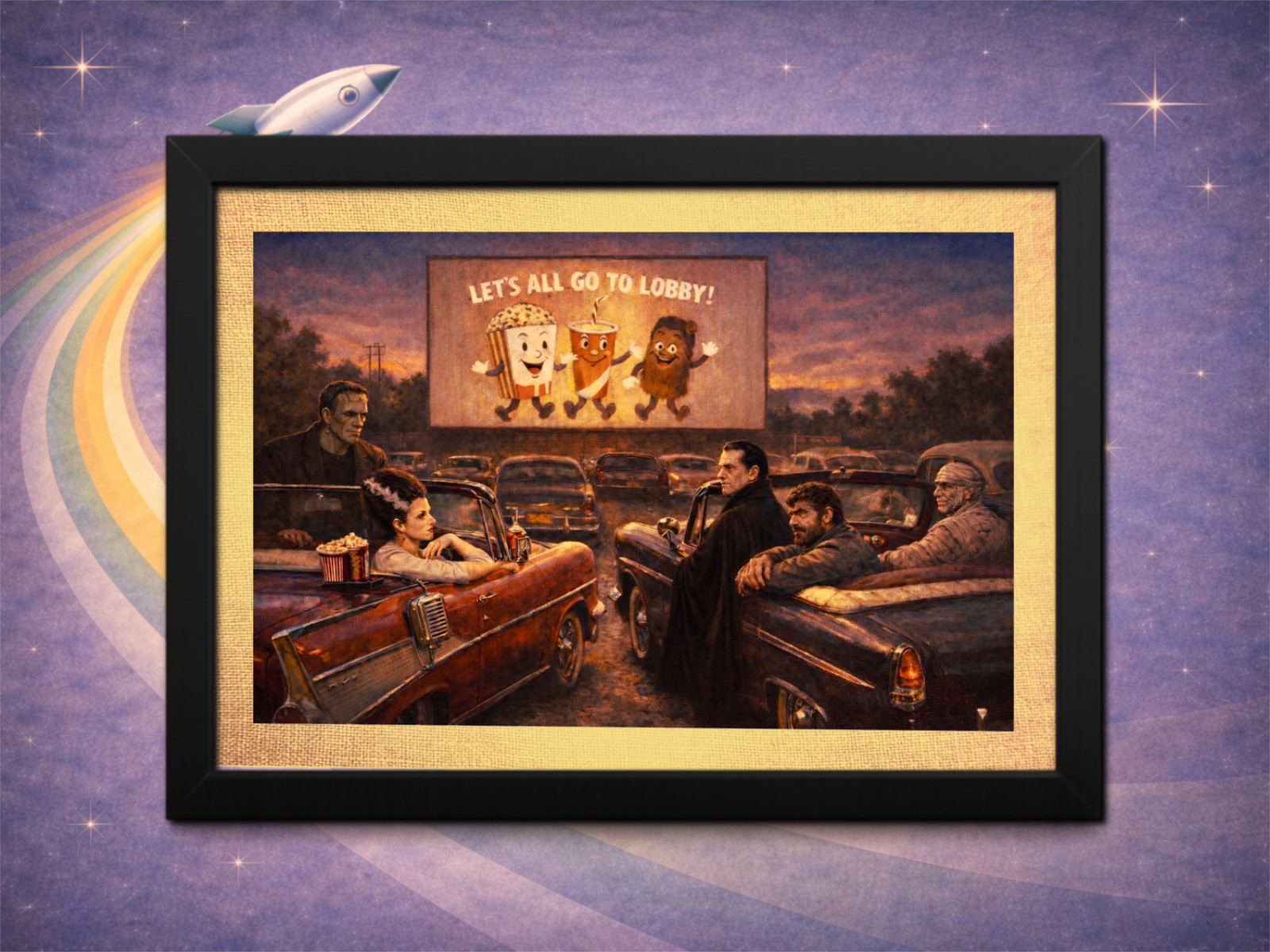 Framed Classic Monsters Drive-In Art – Frankenstein Dracula Wolf Man Mummy Print