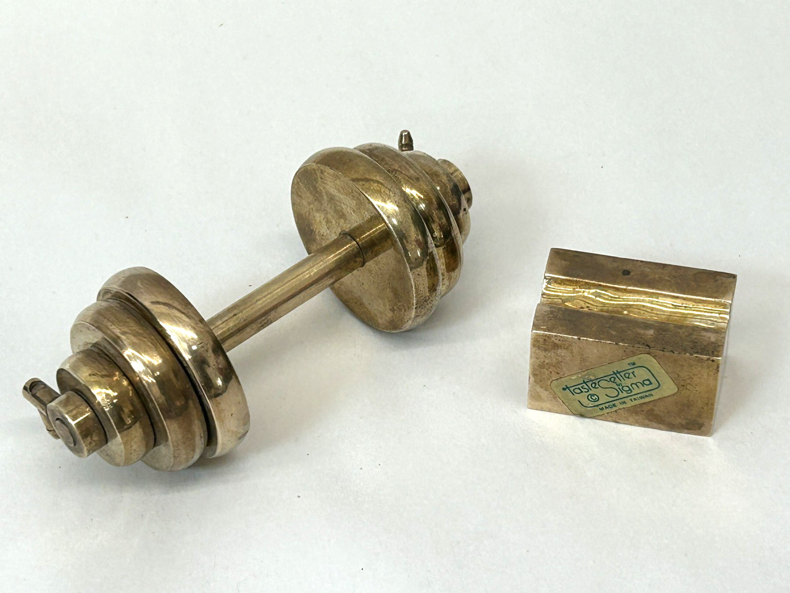 Vintage Brass Mini Barbell Paperweight Dumbbell Desk Decor Sigma Taste Setter
