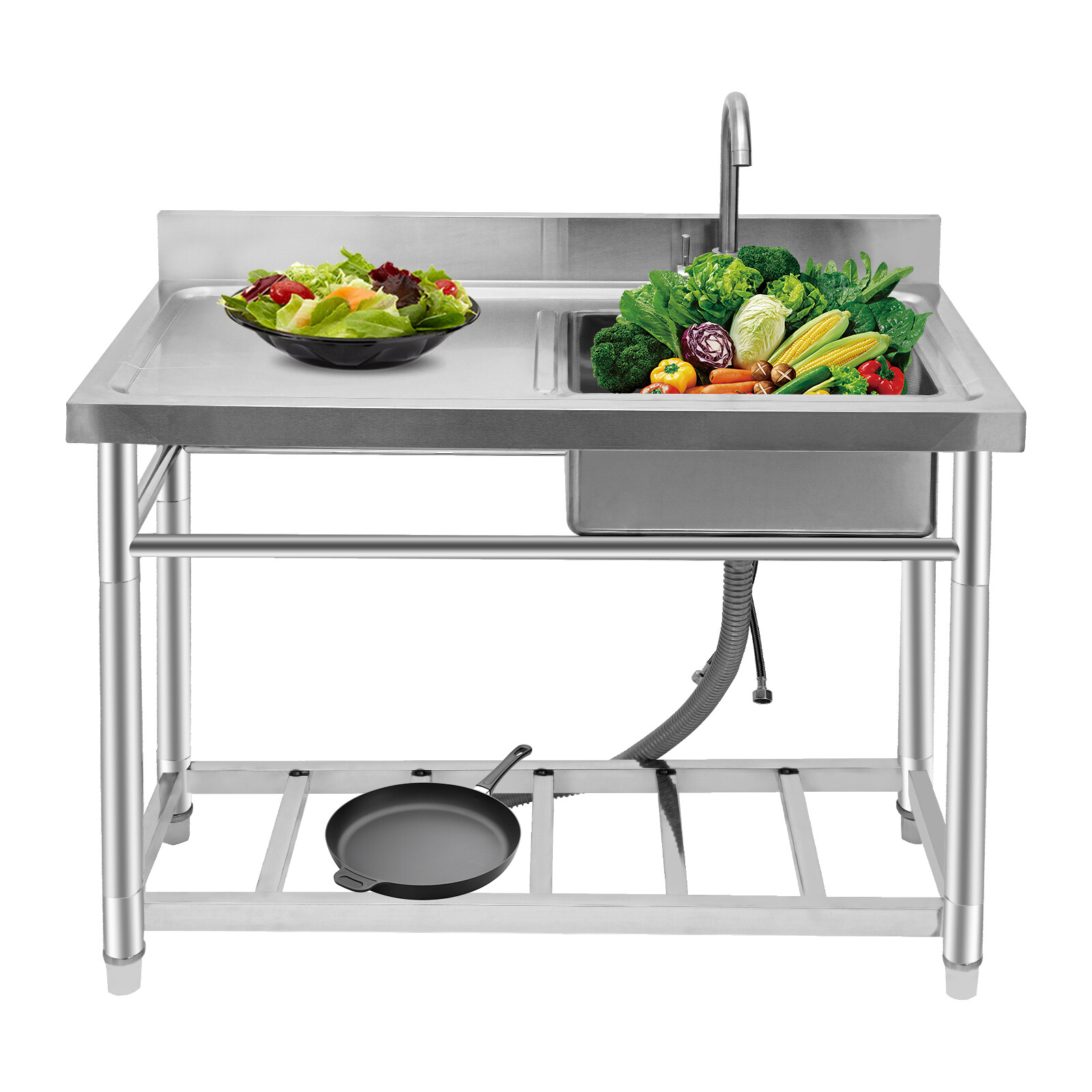 Restaurant Kitchen Stainless Steel Sink Free Standing Silver 150kg Bear Capacity
