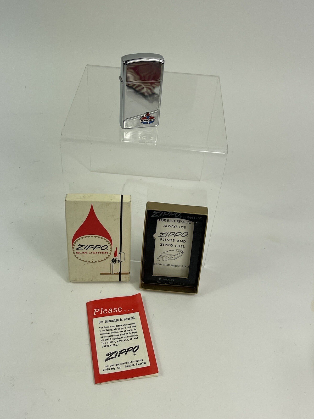 ZIPPO SLIM Lighter AMOCO gas & oil 1974 Mint Tremendous W/ Box Superb 