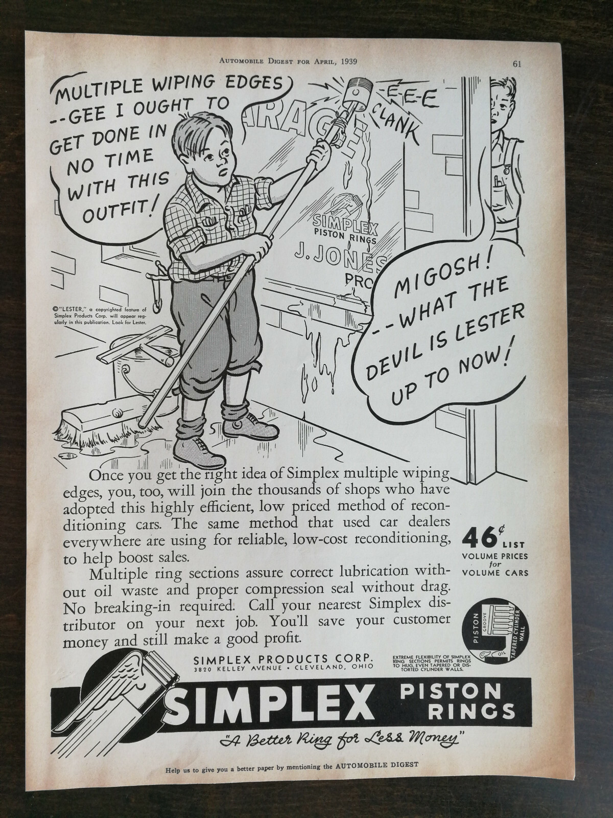 Vintage 1939 Simplex Piston Rings Full Page Original Ad