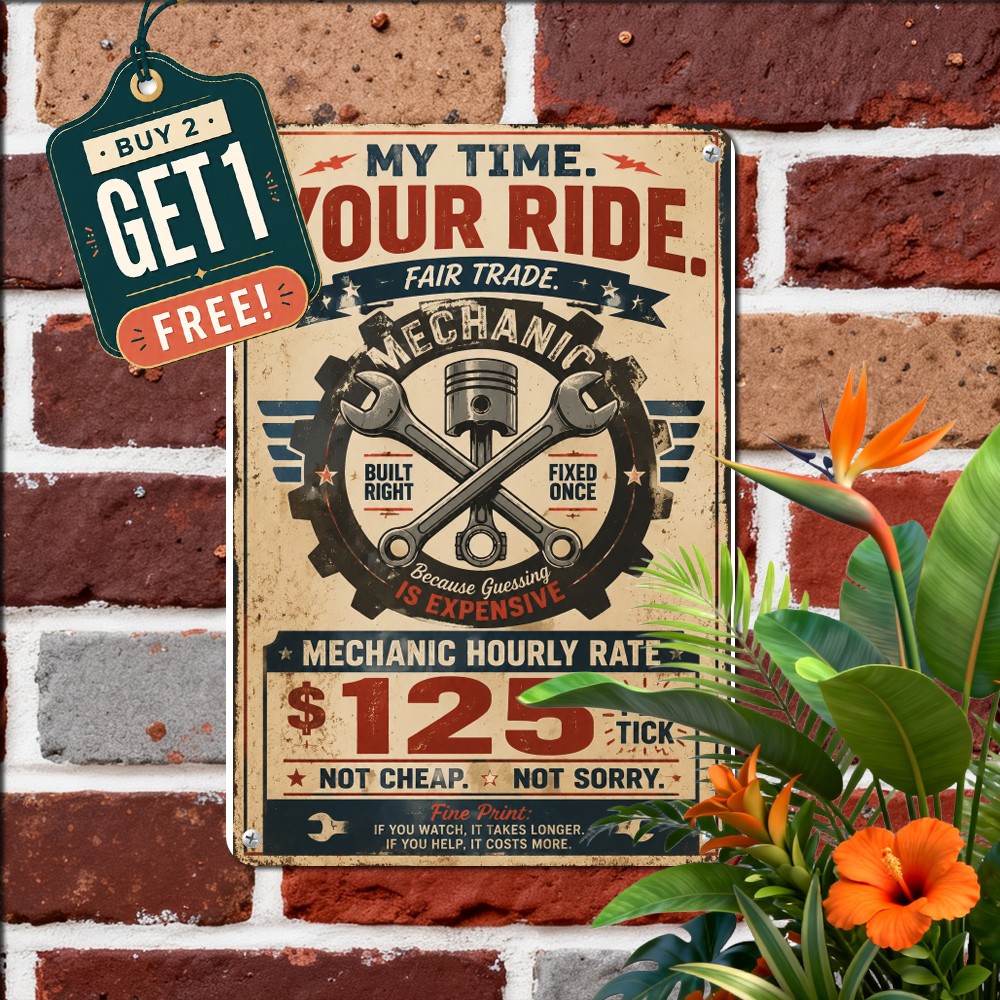Retro Mechanic Hourly Rate Tin Sign Vintage Garage Repair Metal Wall Plaque