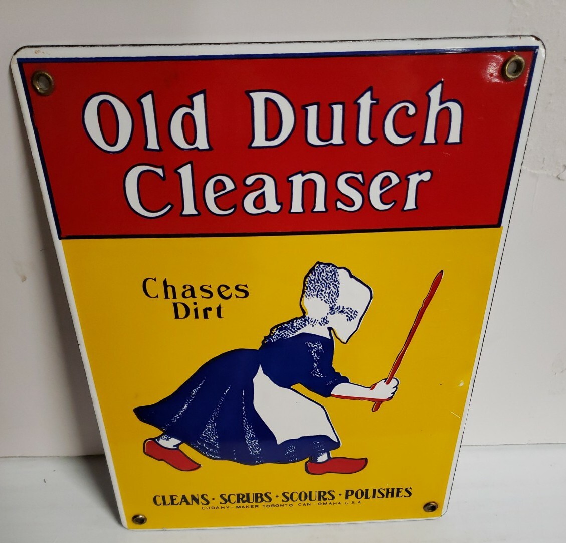 Vtg Old Dutch Cleanser Porcelain Sign Chases Dirt Cleans~Scrubs~Scours~Polishes
