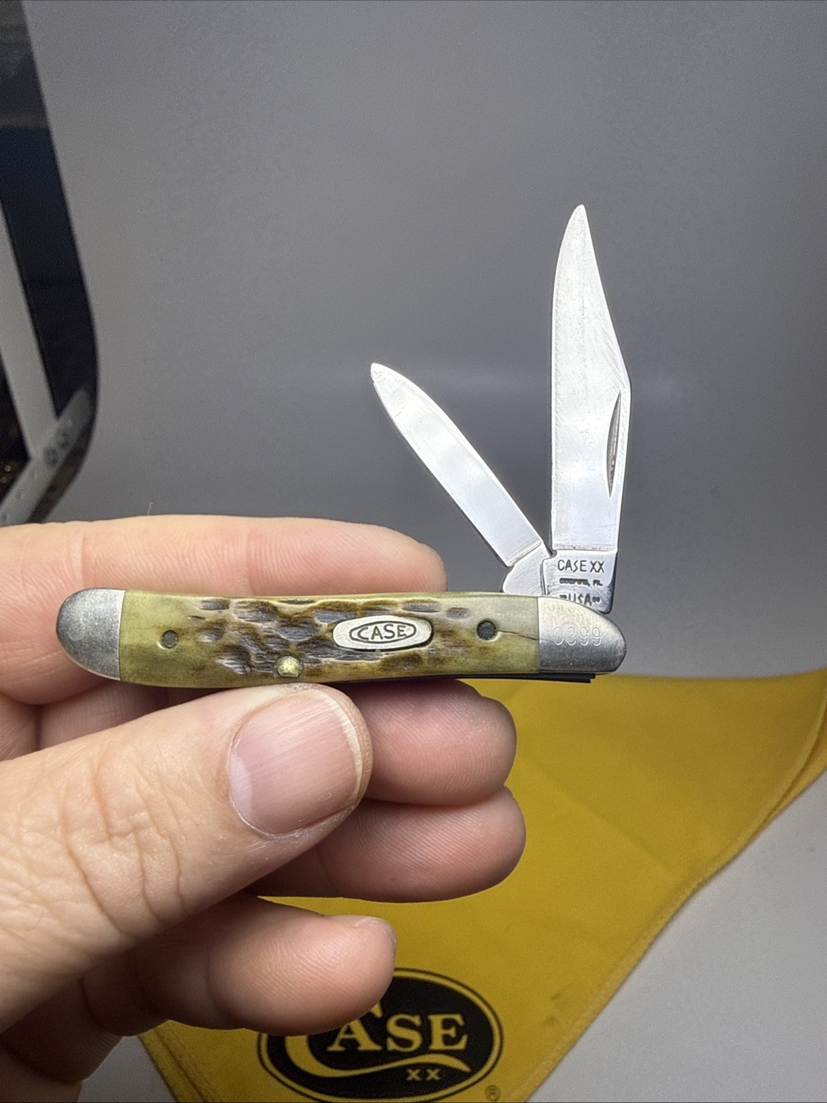 1990 Case XX  Bradford, PA G6220 SS USA Green Jigged Bone Two-Bladed Knife #399