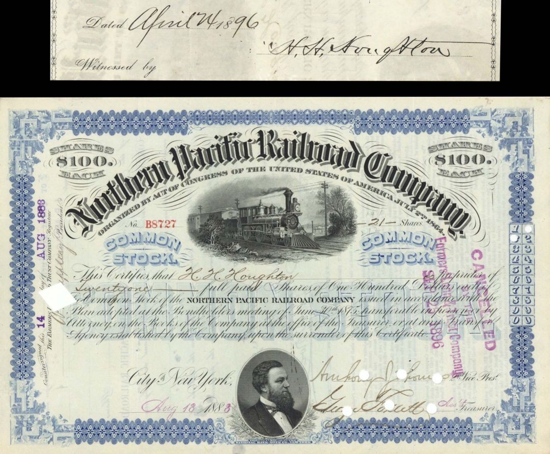 Northern Pacific Railroad Co. issued to and signed by H.H. Houghton - 1888 and
