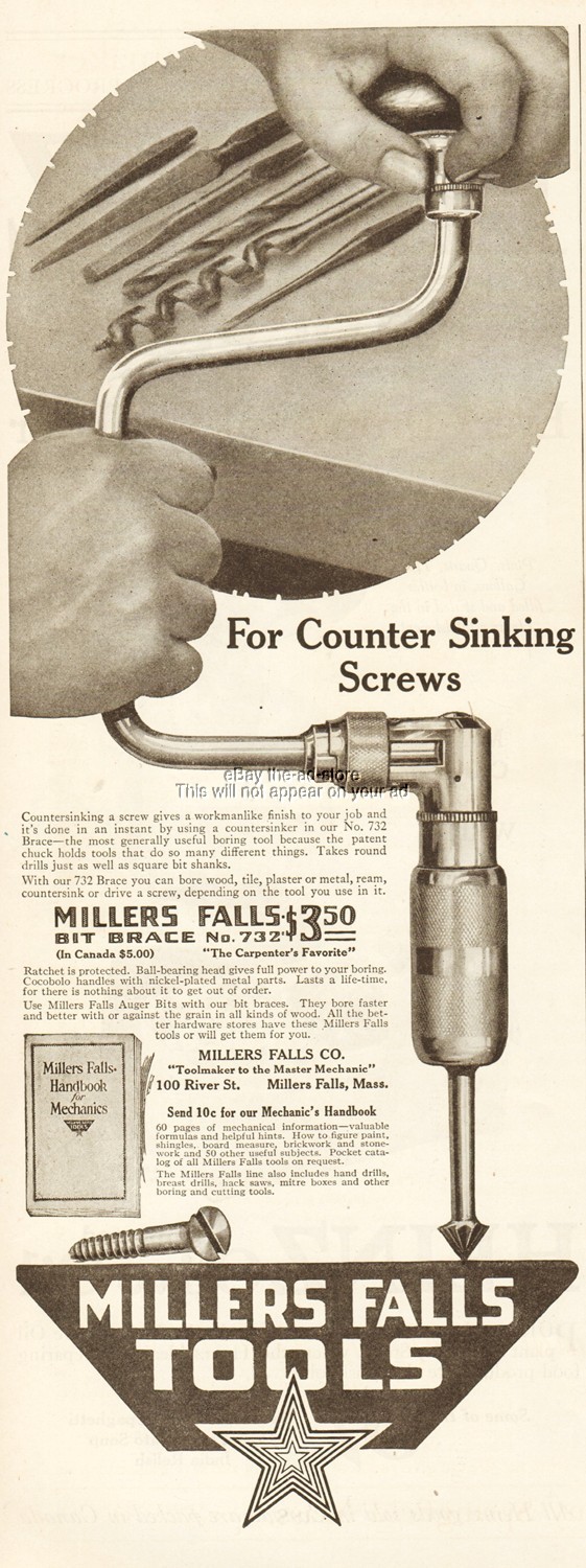 1919 Millers Falls Tool Massachusetts Bit Brace No 732 Vintage Man Cave Decor Ad