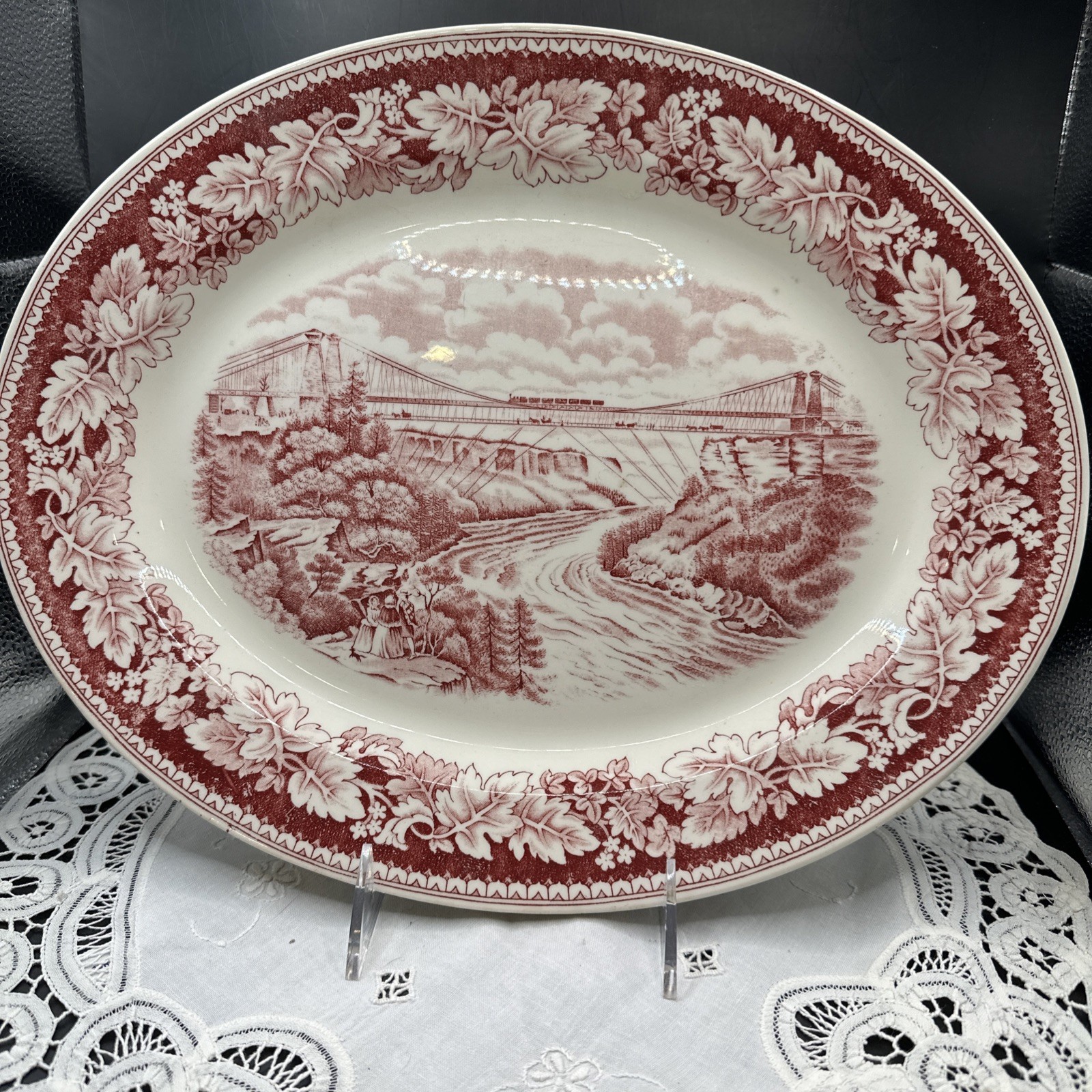 Homer Laughlin Currier/Ives  13.5” Platter Red Transferware Niagra Falls Bridge