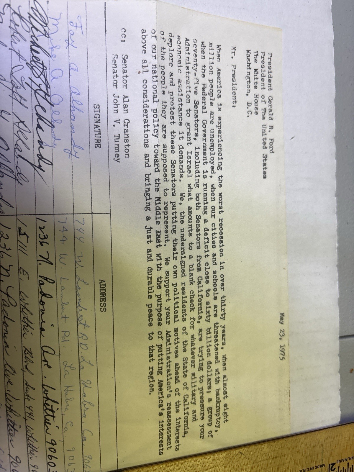 1975 Political Petition Letter Signed Addressed to President Gerald Ford