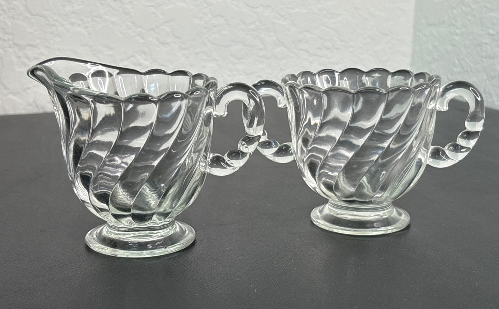 Vintage Fostoria Colony pattern clear glass creamer and sugar bowl set MCM swirl Vintage Fostoria Colony pattern clear glass creamer and sugar bowl set MCM swirl