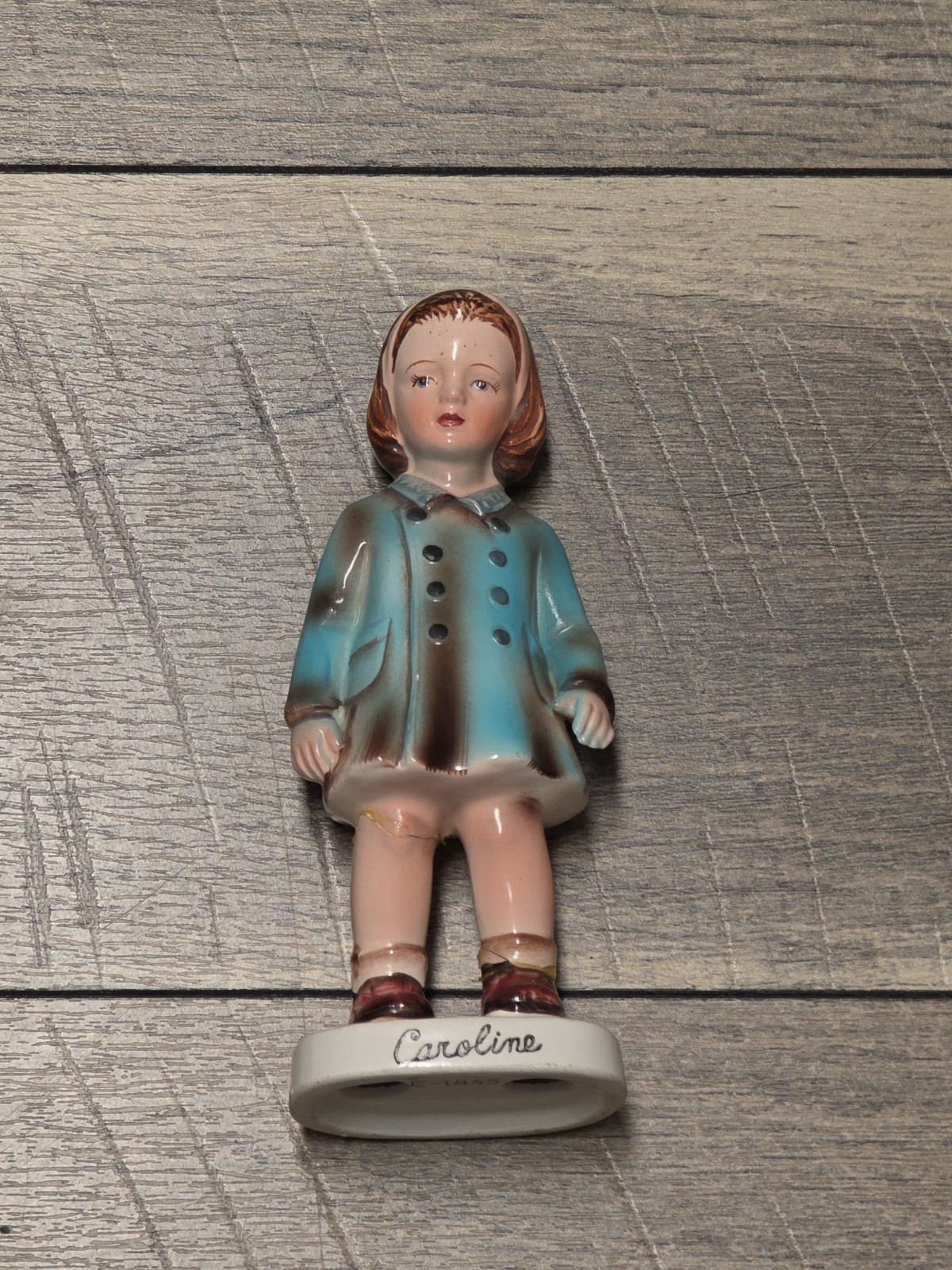 VTG Inarco Caroline Kennedy Bisque Figurine in Blue Coat E-1845 Made in USA