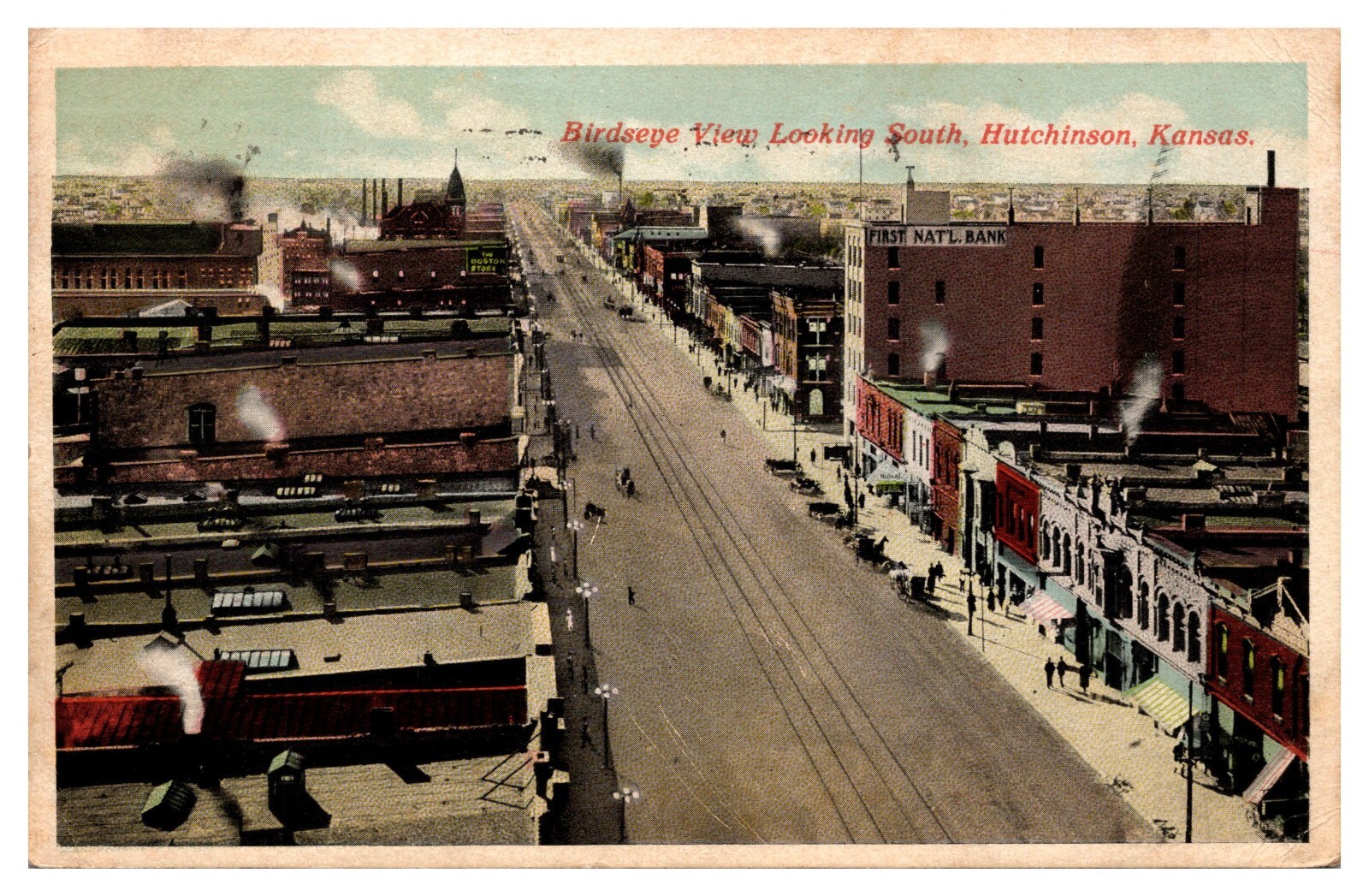 Hutchison Kansas Birds Eye Main Street View Banks Stores Signs Awnings   -  A50